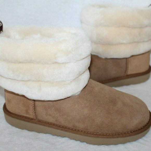 NIB UGG WOMEN'S MINI‎ CUFF FLUFF SUEDE SHEARLING BOOTS CHESTNUT BROWN - Picture 2 of 7